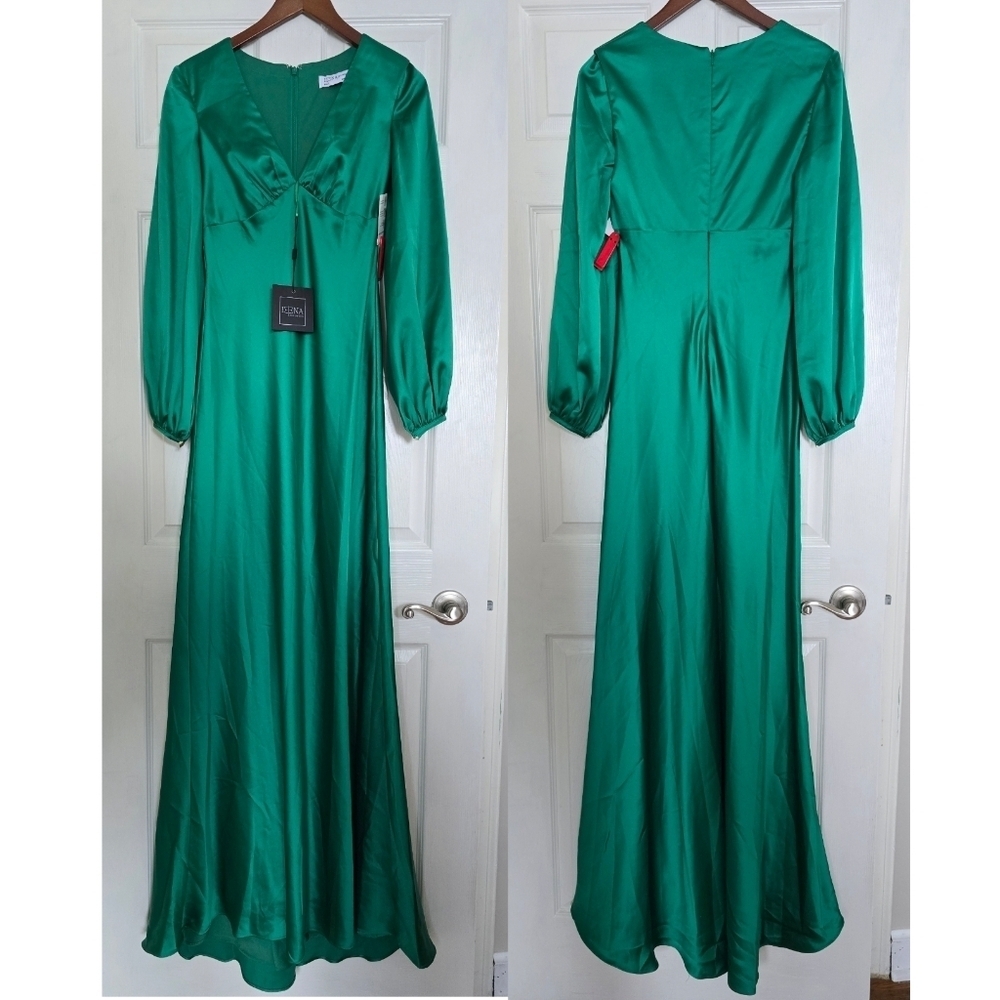 Mac Duggal▪️55698 Empire Waist Bishop Sleeve Maxi Dress in Emerald Green - Picture 2 of 13